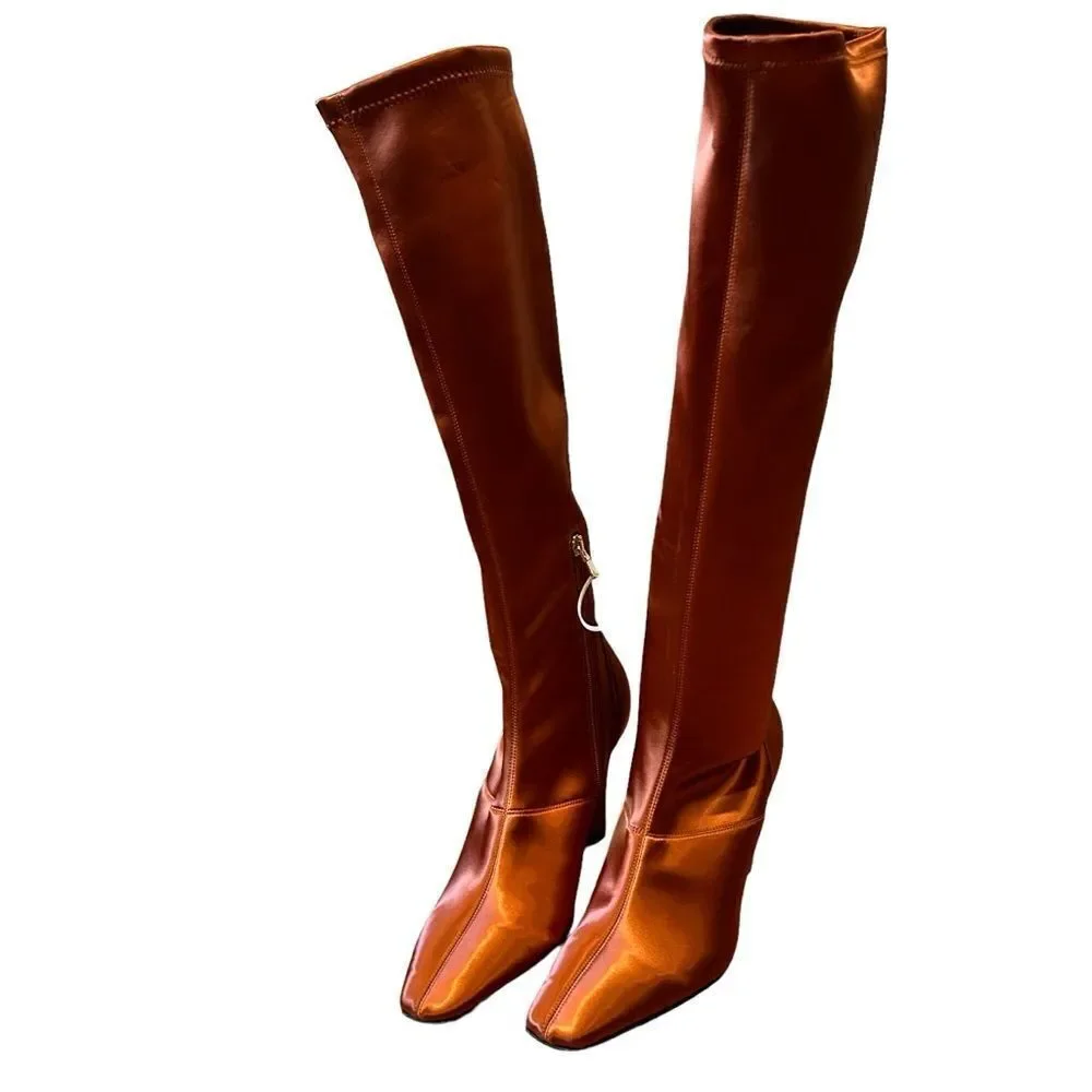 ZIMMERMANN Silk Copper Satin Stretch Sock Knee Boots - Chain-trim not included